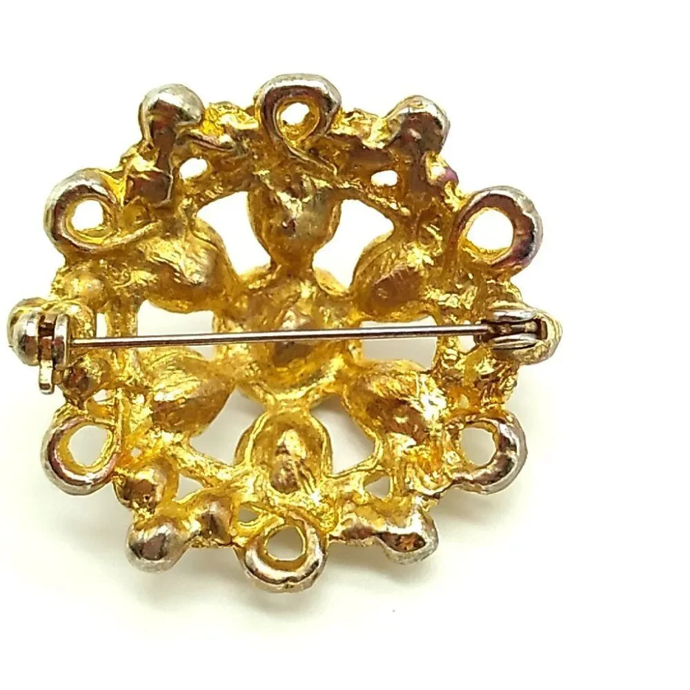 Vintage Twisted Rope Brooch Dome Shaped Rhinestone Gold Tone Pin